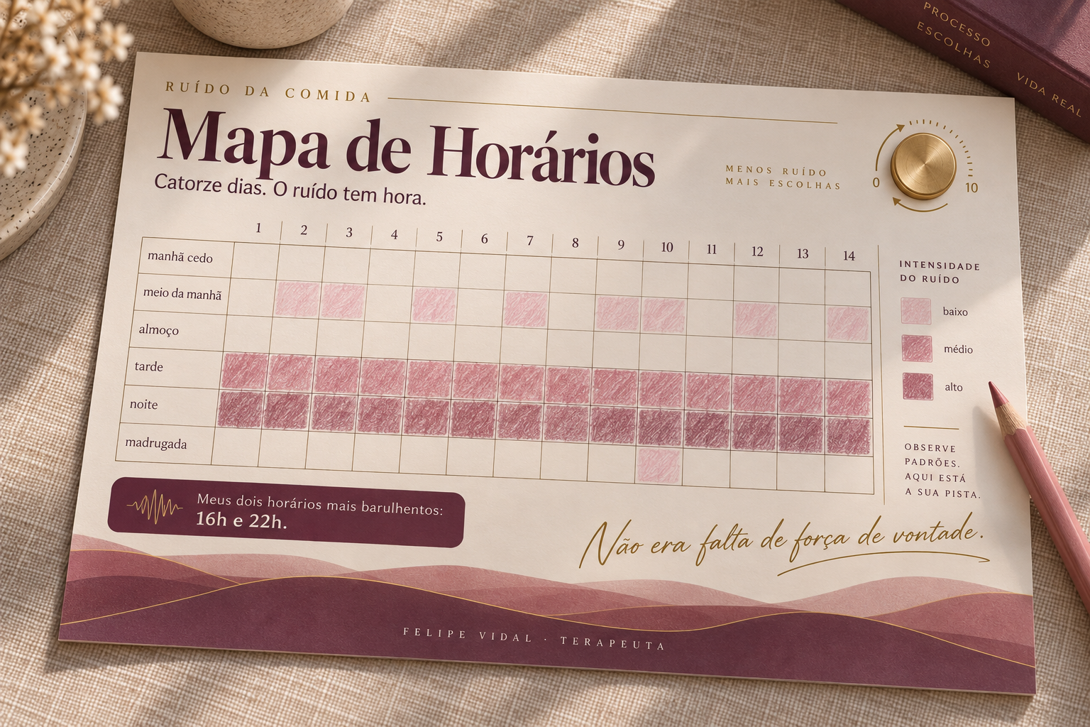 Mapa de Horários preenchido mostrando que o ruído sobe à tarde e à noite